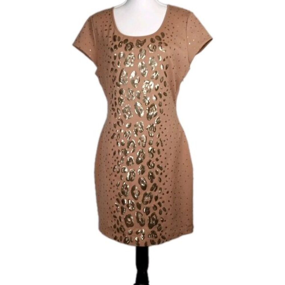BCBGMAXAZARIA Leopard Sequin dress Camel M - L Side Zip cap sleeve Indie Pop EUC